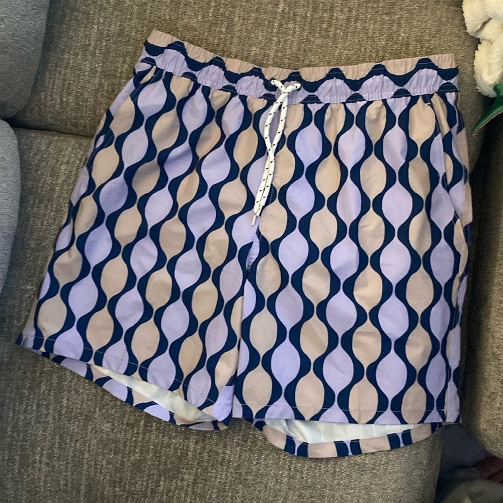 Purple and Tan Swim Trunks.